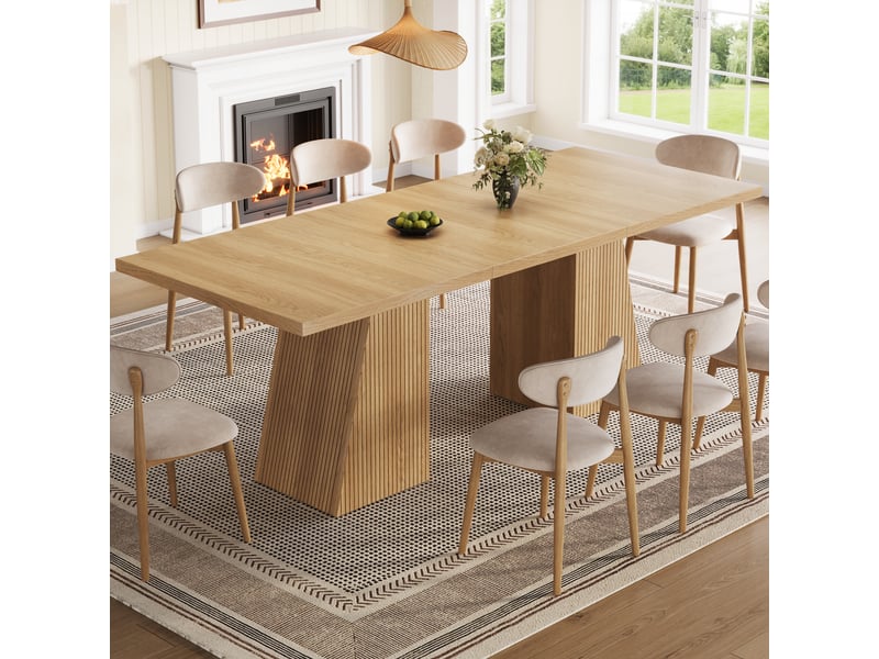 Table à manger rectangulaire extensible 120-160x80x76cm pour 4 à 6 personnes, pieds trapézoïdaux rainurés et patins antidérapants, naturel evarich - Conforama E