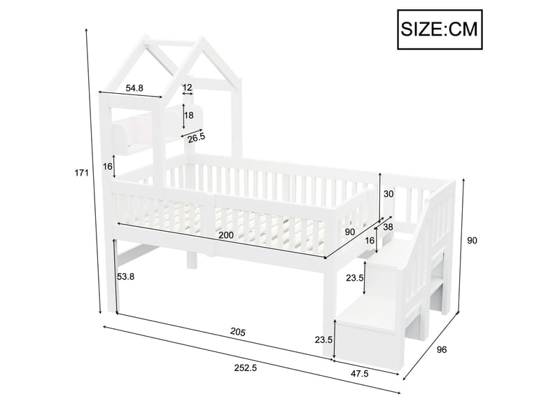 Lit mezzanine mi-hauteur enfant 90x200 cm avec rangements et éclairage, bois et mdf, blanc, sans matelas - Conforama C
