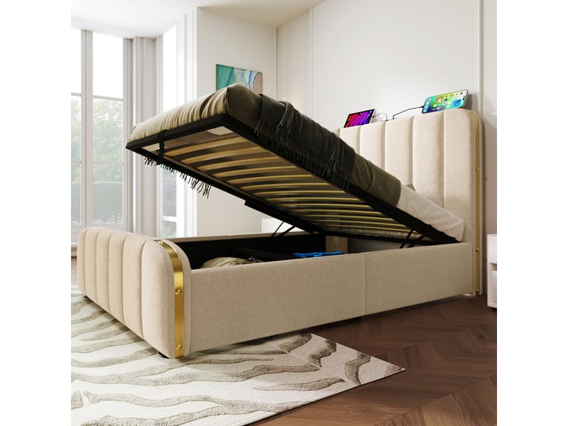  Modenvie lit coffre 90x200 cm - ports usb et usb-c, matelas inclus, rangement hydraulique - beige  - Conforama D