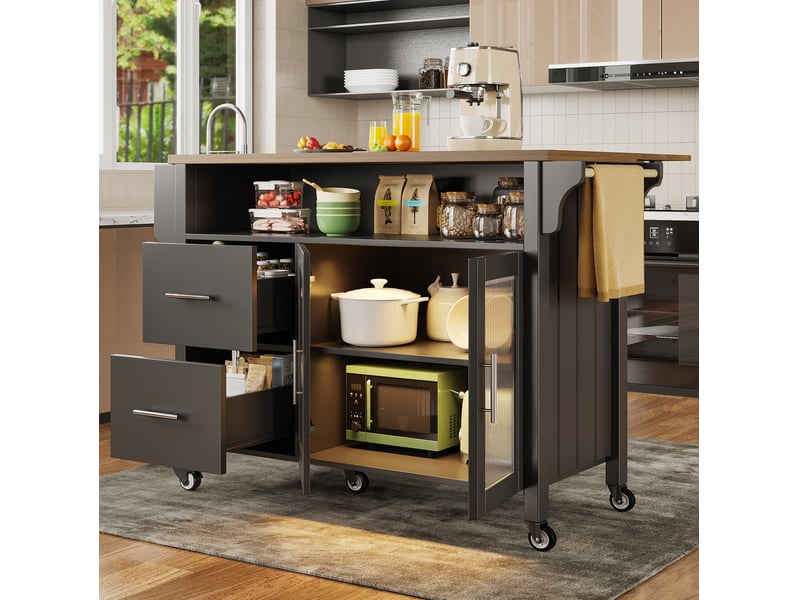 Desserte de cuisine noire en mdf 139 cm, plateau rabattable, led et roulettes - Conforama D