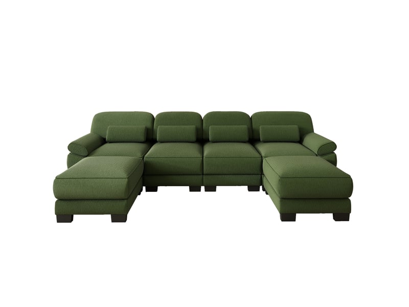  Canapé modulable en u 4 places 336 x 161 x 94 cm, avec 2 poufs, assise profonde, coussins épais, velours côtelé vert  - Conforama A
