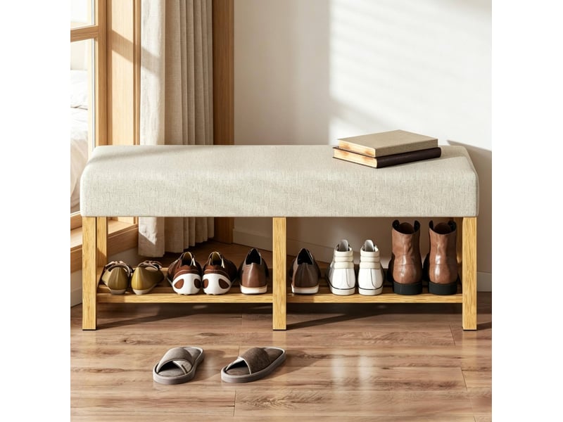  Banc à chaussures avec rangement 120 x 44 x 48 cm, assise rembourrée en tissu beige  - Conforama C
