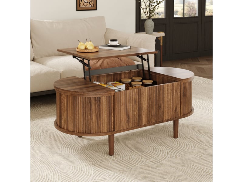  Table basse 100x48x53,5 cm, plateau relevable, grand rangement, style vintage, pieds bois massif pour salon et séjour - noyer  - Conforama E