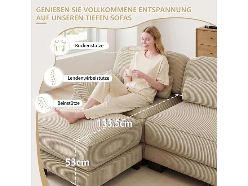  Canapé modulable en u - 4 places - 2 ottomans - velours côtelé - mobilier de salon - grand confort - assise confortable - beige CozyNest - Conforama E
