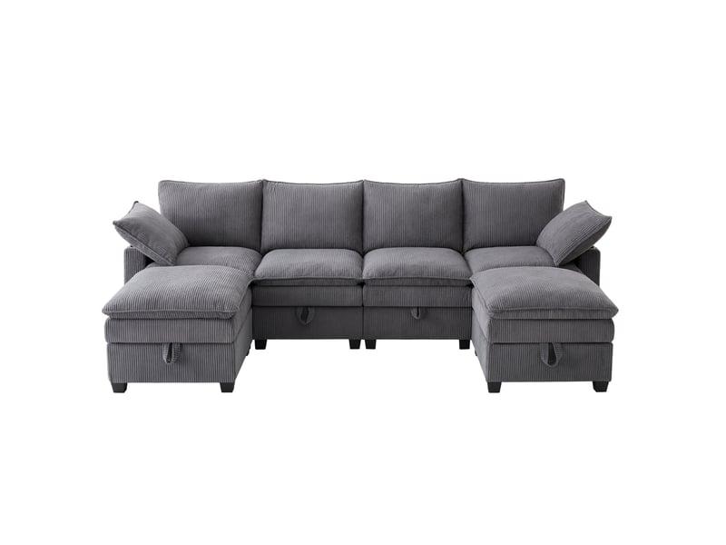 Canapé d'angle modulaire avec rangements, usb et porte-gobelets, en velours côtelé gris, 280 × 152 × 83 cm - Conforama A