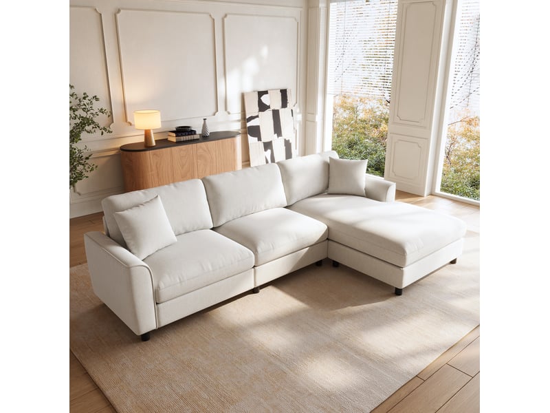 Canapé d’angle 3 places avec méridienne réversible en tissu chenille beige, 256x137x79 cm - Conforama B