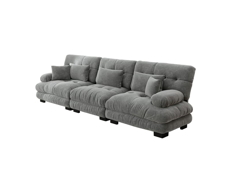 Canapé modulable 313x77x81cm 3 places, assise confortable, accoudoirs courbés, structure en bois, tissu chenille, gris  - Conforama A
