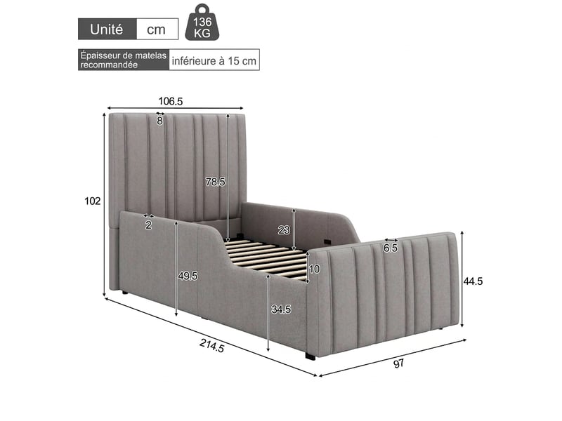  Lit enfant 90x200 lit coffre hydraulique capitonné gris avec sommier  - Conforama C