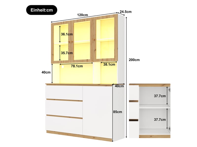 Vitrine haute led avec portes vitrées, 3 tiroirs et niche passe-câbles pour salon, en mdf blanc et chêne, 120 × 200 cm - Conforama E