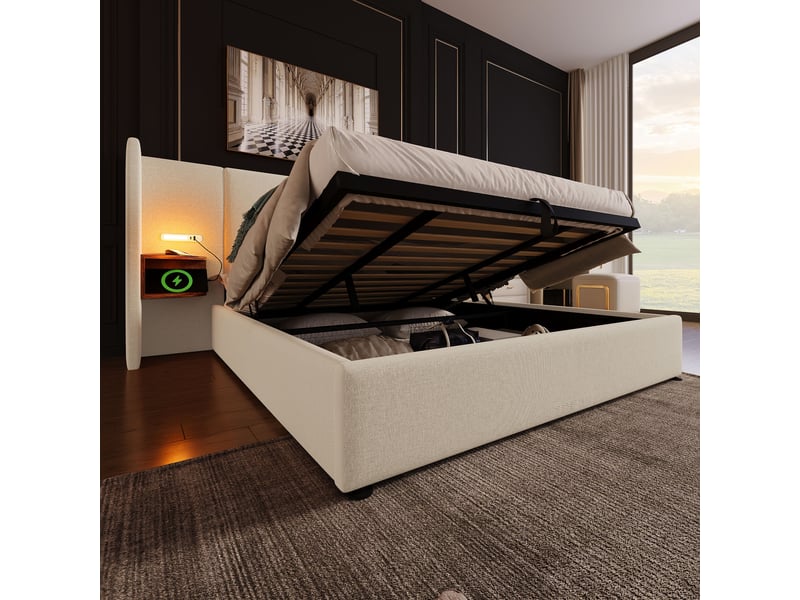  Lit double 180x200 cm – chevet intégré, lampe tactile, ports usb-c, coffre et sommier bois métal  - Conforama D