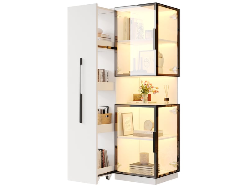 Vitrine avec porte vitrée et étagères latérales coulissantes, led réglables, mdf blanc pour salon 70 × 38 × 160 cm - Conforama A