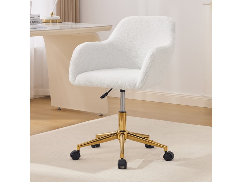 Chaise de bureau pivotante en tissu bouclette blanc, réglable en hauteur, base dorée et rotation 360°  - Conforama E