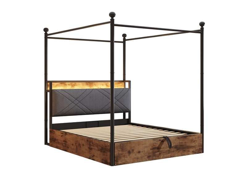  Lit baldaquin 140x190 cm fer forgé noir avec led usb-c et coffre  - Conforama A