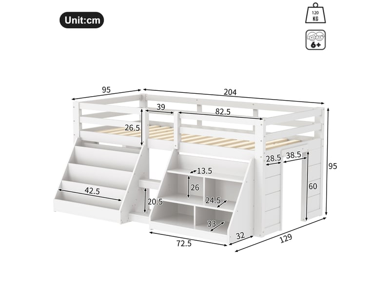  Lit mezzanine enfant 90 × 200 cm 1 place avec étagères, led réglable et barrière, sans matelas, blanc  - Conforama D
