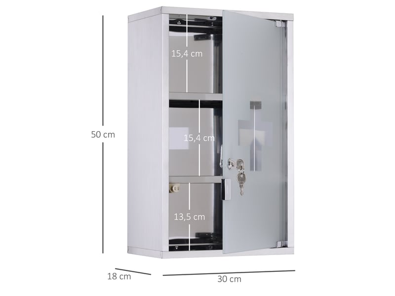  Armoire à pharmacie murale en acier inoxydable avec 3 étagères et serrure, idéale pour les premiers secours.  - Conforama E