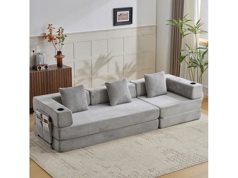  Canapé-lit convertible 277.5x92.5x60 cm 3 places velours côtelé gris clair sans matelas  - Conforama B