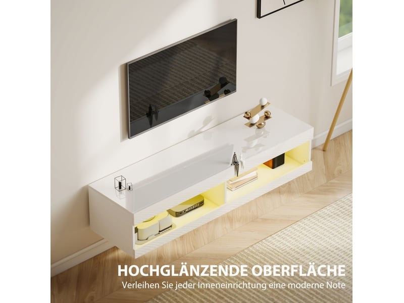  Meuble tv mural led avec 2 niches ouvertes et passe-câbles pour tv 55 à 60 pouces blanc brillant 140 × 40 × 30 cm  - Conforama D