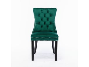 Chaises de salle à manger 2 pièces – bois massif, velours vert luxe avec têtes de clou et piètement bois, design moderne