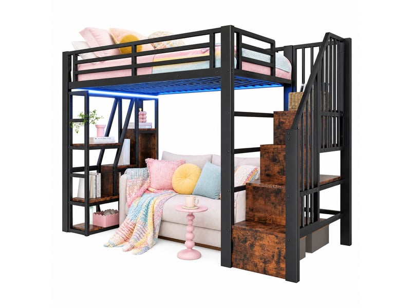  Lit mezzanine enfant 90 x 200 cm noir avec led, rangements et échelle  - Conforama A