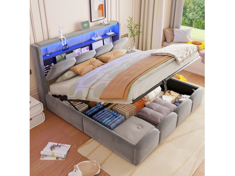  Lit coffre 2 places 140x200 cm, sans matelas, mdf gris, espace de rangement, type-c, usb, led intégré, espace de rangement, doté de tête de lit  - Conforama B
