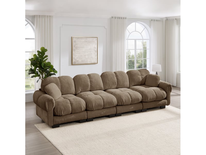 Canapé modulaire modenvie 4 places en chenille marron, assise matelassée et coussins épais, 330 x 86 x 90 cm - Conforama D