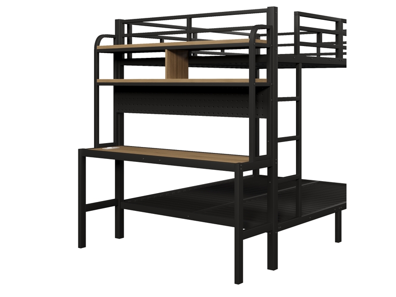 Lit mezzanine 200×140 cm avec bureau, rangements, éclairage led et port usb, sans matelas, en métal et mdf noir - Conforama E