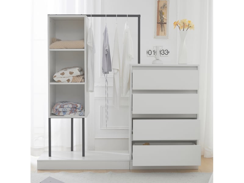  Meuble de rangement avec 4 tiroirs, 3 niches ouvertes et penderie pour chambre ou entrée, blanc, 100 × 40 × 135 cm  - Conforama C