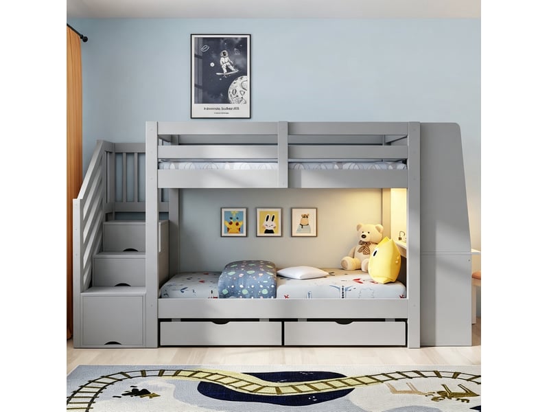  Lit superposé enfant 90x200 cm avec bureau, led et rangements gris  - Conforama E
