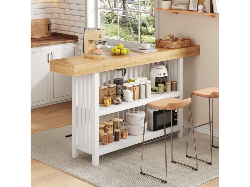  Table de bar 160x40x105 cm avec repose-pieds, rangement 2 niveaux en mdf couleur blanche et bois, confort optimal  - Conforama B