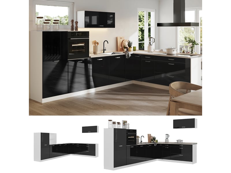 Vicco cuisine en angle, noir haute brillanceblanc, 327 x cm plan de travail anthracite - Conforama D