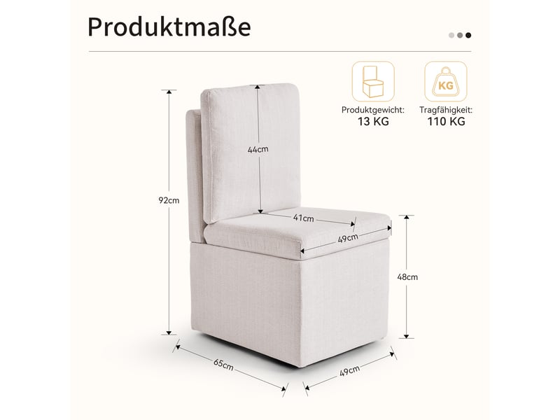  Chaise de salle à manger pivotante avec rangement - lpospi - roulettes, 49 × 65 × 92 cm, chenille - gris beige  - Conforama D
