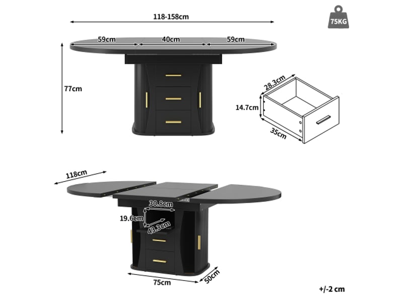  Table à manger extensible noire - ronde ou ovale - 118-158 cm - capacité 6 personnes - rangement 3 niveaux  - Conforama C