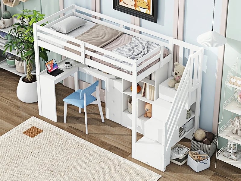  Lit mezzanine, 90 x 200 cm, avec barrière de sécurité, bureau, tiroirs,  échelle escamotable, blanc  - Conforama B