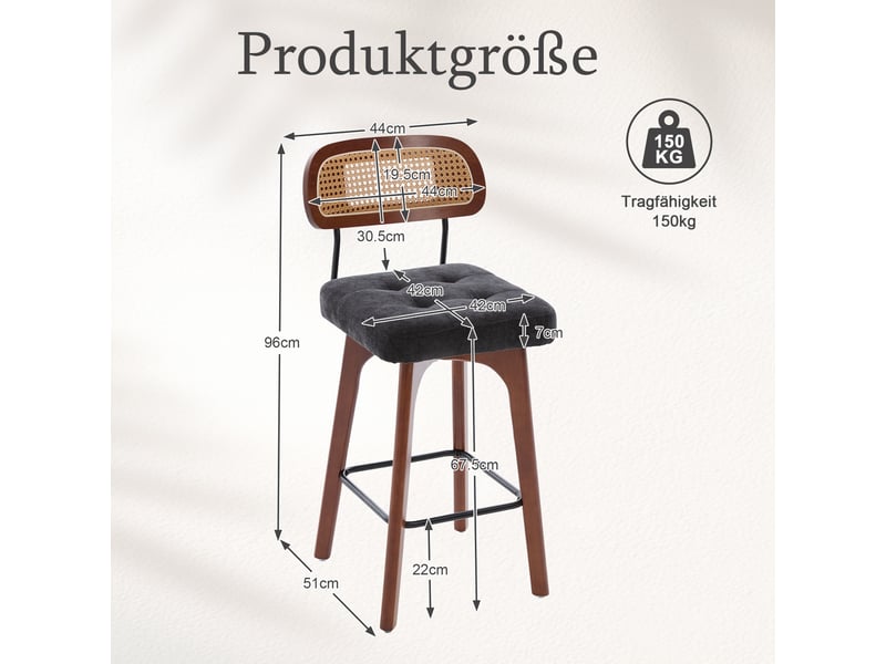  Lot de 2 tabourets de bar pivotant à 360°, tabourets de cuisine et petit-déjeuner avec dossier en rotin et assise rembourrée, noir, tissu chenille  - Conforama C