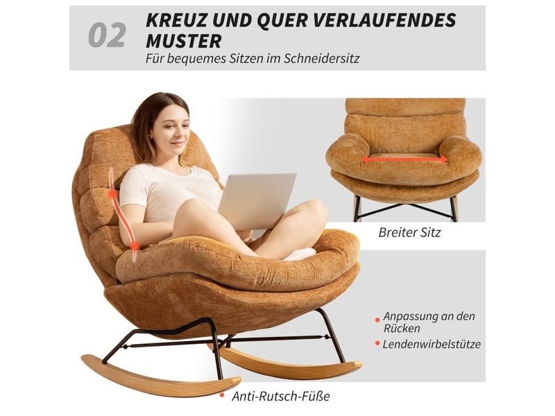 Fauteuil à bascule rembourré avec dossier haut et assise en mousse, structure en acier et bois en polyester jaune 80 × 103 × 91 cm - Conforama E