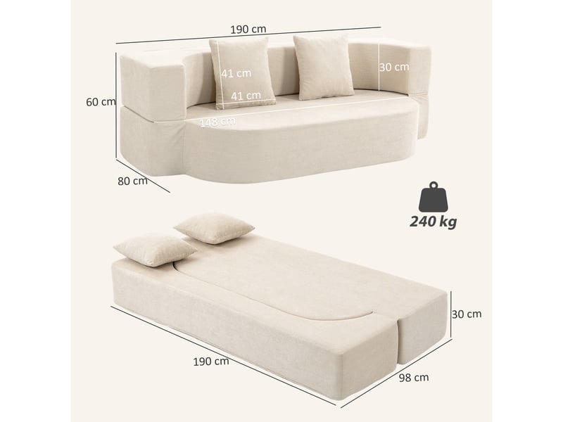  Canapé convertible 2 places, canapé-lit en chenille 190cm, dossier rabattable, beige, assise et accoudoirs larges  - Conforama C