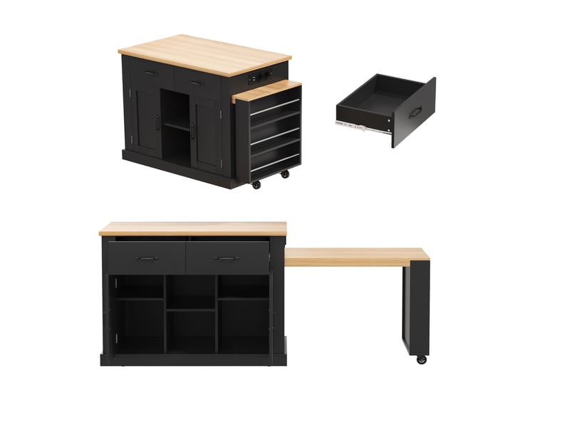 Desserte îlot de cuisine avec table extensible 132(235)x70x90 cm, mdf noir, prises+usb  - Conforama E