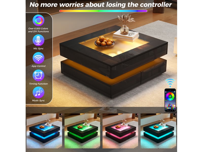  Table basse carrée avec 3 tiroirs et led, plateau en verre, finition brillante, noir, 70 × 70 × 35 cm  - Conforama E