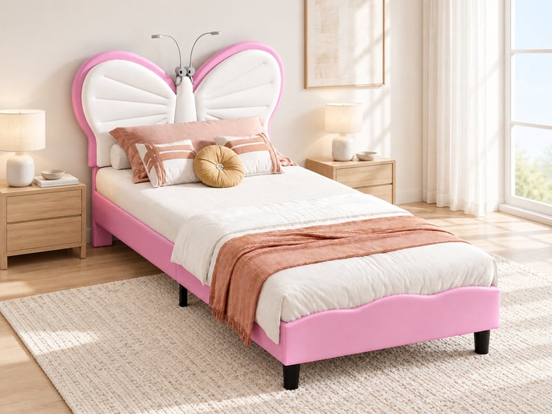 Lit enfant 90x200 cm en velours, lit simple rembourré avec liseuses intégrées, lit princesse papillon pour fille avec sommier à lattes, tête de lit réglable en hauteur, rose - Conforama B