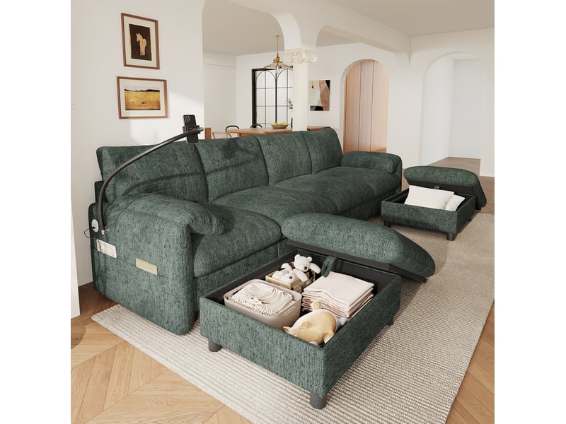 Canapé d’angle modulaire 6 places 273,5x133x81 cm avec deux poufs de rangement vert - Conforama B