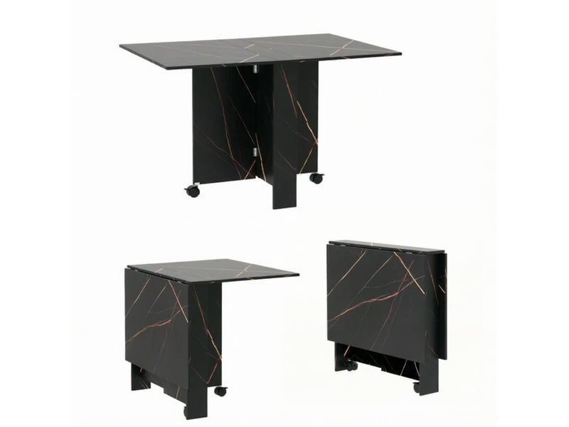  Table à manger pliante 120x80 cm – noir veiné – double abattant, roulettes verrouillables, gain de place  - Conforama A