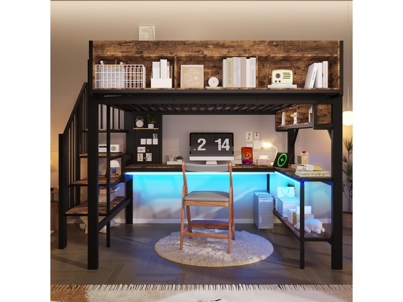 Lit mezzanine 140 × 200 cm led usb-c noir et brun avec bureau et rangements IKSETERA TRADING LTD - Conforama D