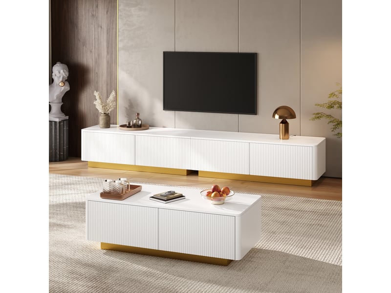  Meuble tv et table basse, ensemble 2 pièces avec rangements fermés, 200 x 40 x 35 cm, façades rainurées et socle doré, mdf, blanc Morn Vibe - Conforama B