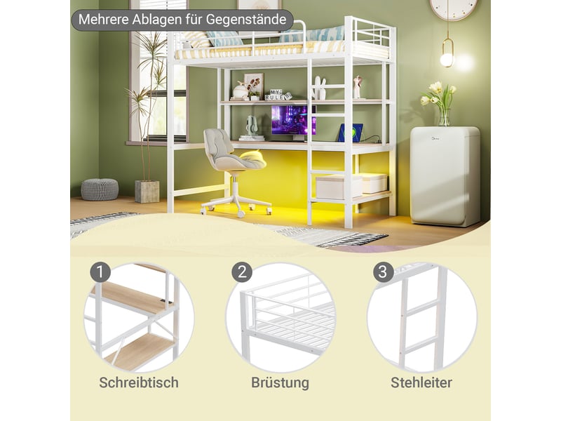Lit mezzanine enfant 90x200 cm avec led, prise, table, étagère, garde-corps et sommier, métal, blanc, sans matelas - Conforama D
