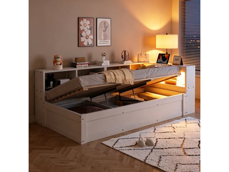  Canapé-lit 90x200 cm, lit enfant, couchage d'appoint, rangement hydraulique, led, bois blanc, prise intégrée  - Conforama E
