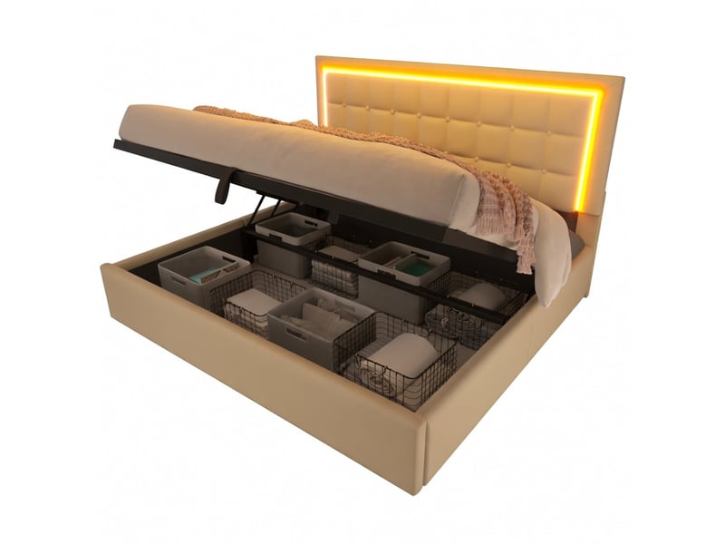  Lit coffre 160x200 cm rembourré sommier rangement led similicuir blanc avec matelas  - Conforama A