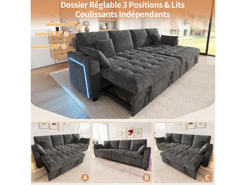  Canapé d'angle convertible tcqpz 4 places 262,5 x 140 x 89 cm 2 couchages indépendants led usb type-c chenille gris  - Conforama D