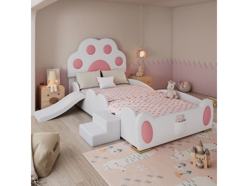  Lit enfant capitonné avec toboggan - tête de lit patte de chat - 90x200 cm - blancrose - surface en pu - échelle à deux niveaux 210x176x97cm - Conforama C