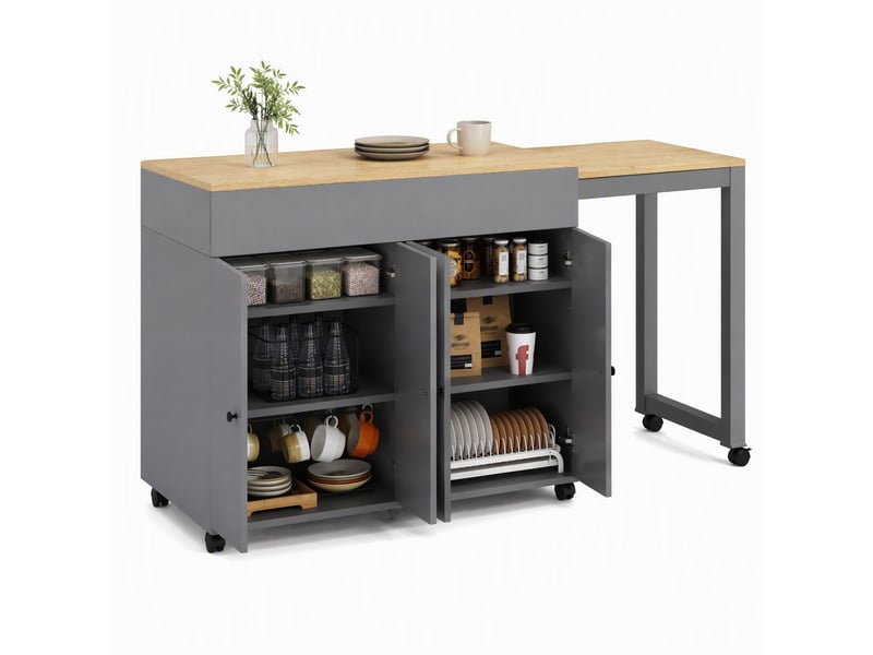  Îlot de cuisine extensible 117 à 180 cm, gris en mdf, 6 espaces de rangement avec roulettes fixes  - Conforama A