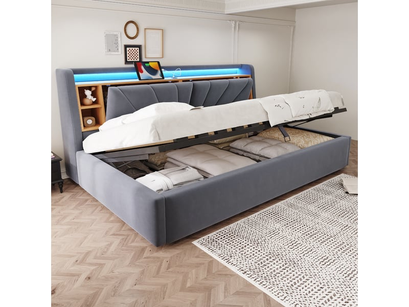  Lit banquette 90x200 cm en velours avec rangement hydraulique, étagères, éclairage led et port usb - gris foncé  - Conforama E